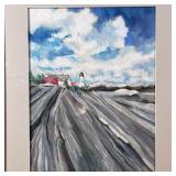 LIGHTHOUSE ON CLIFF PASTEL DRAWING | Framed under glass, a pastel scene of a cliff-side lighthouse b