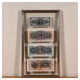 COSTA RICAN CURRENCY | Four Costa Rican bills float-mounted in a frame, including 1, 5, 10, and 10 C