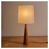 MODERN TABLE LAMP | Tapering wood table lamp of modern design with a stitched leather-type shade, se
