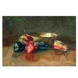 AMERICAN SCHOOL (19TH/20TH CENTURY) | still life of peppers and bowl mixed media on paper laid on bo