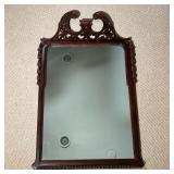 ANTIQUE WALL MIRROR | Fancy wood framed mirror crested by a fretwork broken pediment with bellflower