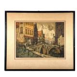 VAN SANTEN ETCHING | Titled “Old Bruges” 16x12in subject. w. 22 x h. 18.75 in (Frame) 
