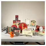 LARGE COLLECTION OF TIN TOYS & KITCHEN TOOLS | Includes potato masher, timer, vintage thermometer, c