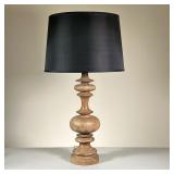 TURNED WOOD LAMP | Turned wood table lamp with a black shade; h. 27.5 x dia. 12.5 in 
