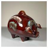 CERAMIC PIGGY BANK | Flambe glazed ceramic pottery coin bank in the shape of a pig, with a slot at t