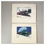 (2PC) E. TONE SILK SCREEN PRINTS | 2 Steam engine locomotives traveling through snowy wilderness, ea