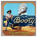 BOOTY FRUIT CRATE LABEL | Showing a pirate before a chest filled with fruits; W. H. Clark fruit Co. 