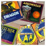 (5PC) MISC VINTAGE PRODUCE BRAND POSTERS | Including dragon, Redlands, Orangedale association; arrow