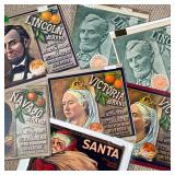 (7PC) VINTAGE FRUIT CRATE LABELS; PEOPLE | Includes: Queen Victoria Brand, Lincoln Brand, a Navajo B