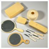 CELLULOID DRESSER SET | Includes 2 hand mirrors, soap holder, a hair collector, brush & storage case