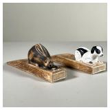 (2PC) CARVED ANIMAL DOORSTOPS | Painted & Carved wooden doorstops in the form of a bunny and a dog. 