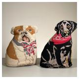 (2PC) TABLEAU NEEDLEPOINT DOGS | Including a black dog with a bandana and a bulldog with a bow colla