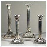 (4PC) TWO PAIRS SILVER PLATED CANDLESTICKS | Both of column form, including a pair with engraved bas