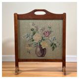 NEEDLEPOINT FIRE SCREEN | Having a still life needlepoint showing of vase of flowers behind glass - 
