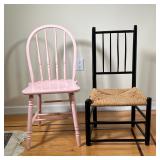 (2PC) SIDE CHAIRS | Including a pink painted chair, and a black painted chair with rush seat - l. 16