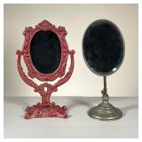 (2PC) PAIR OF SHAVING MIRRORS | 2 metal oval shaped shaving mirrors. Brass mirror has adjustable hei