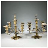 (2PC) PAIR GOLD PAINTED CANDELABRA | Two four-arm candelabra with central flame finial snuffer, gold