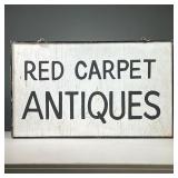 WOODEN ANTIQUES SIGN | Hand painted double sided hanging sign, with black lettering on a white backg