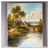 ANTIQUE OIL PAINTING ON STRETCHED CANVAS | Landscape / riverscape painting, depicting a riverside co