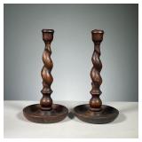 (2PC) PAIR BARLEY TWIST CANDLESTICKS | Turned wood candlesticks, early, probably oak. (2PC) PAIR BAR