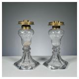 (2PC) PAIR GLASS OIL LAMPS | Glass oil lamps with etched decoration. (2PC) PAIR GLASS OIL LAMPS | Gl