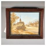 19TH CENTURY SILK WORK IN SHADOW BOX | Early 19th century showing a riverside church in a French cou