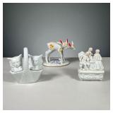 (3PC) PORCELAIN FIGURINES | Including: salt and pepper shaker set in the form of cats in a basket, m