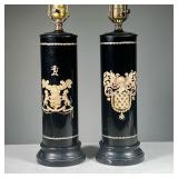 (2PC) PAIR HERALDIC REVERSE GLASS LAMPS | Reverse painted black lamps with heraldic devices of knigh