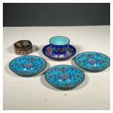 (6PC) CHINESE CLOISONNÉ | Including a Peking cup and matching saucer in deep blue enamel decorated w