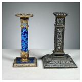 (2PC) INTERESTING BRASS CANDLESTICKS | Includes: a blue enameled and brass candlestick with floral m