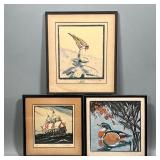 (3PC) BIRDS & ENGLISH SHIP WOODBLOCKS | Woodblock prints, including a duck swimming (ed. 30/200) and