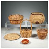 (6PC) WOVEN BASKETS | Including a small 19th century basket with bail handle, a lidded basket decora