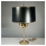 ANTIQUE BOUILLOTTE LAMP | Antique Brass Bouillotte table lamp with black and gold tole lampshade Dim