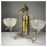 BRASS CHANDELIER | Brass chandelier with cut and etched glass lampshades with floral decoration and 