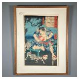JAPANESE WOODBLOCK | Titled “One Hundred Tales of Wakan” painting depicting a large sumo wrestler in