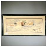 WINTER SCENE WATERCOLOR | Watercolor on paper, showing snow covered houses on a street, signed “E. R