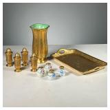 (10PC) PICKARD GILT SHAKERS & TRAY | Including a Pickard gilt porcelain vase, two pairs of gilt salt