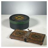 (2PC) WOODEN BOOK PRESS & SMALL BOX | A faux grain / inlay painted wooden book press and a small rou