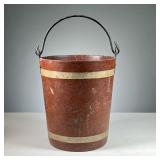 FRENCH FIREMAN’S BUCKET | Wrapped fireman’s bucket, dark red color with two light stripes and a meta