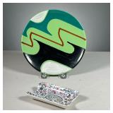 (2PC) HAND-PAINTED FRENCH CERAMICS | Including a modern green Quimper plate and a GIRN France small 