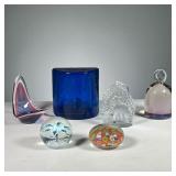 (6PC) GLASS PAPERWEIGHTS | Including a rock-form glass paperweight with etched ship, various colored