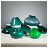(10PC) GREEN GLASS LAMPSHADES | Milk glass lampshades with dark green exteriors of various sizes and