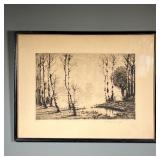 LAKESIDE ETCHING, SIGNED | Ed. 1/100, etching of a woodsy lakeside, pencil signed indistinctly lower