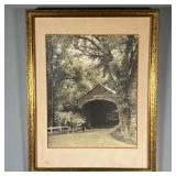 EARLY COLOR PHOTOGRAPH | Early color photograph of country a man and horse before a covered bridge, 