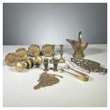 (13PC) ASSORTED BRASS PIECES | Including a set of 4 curtain tiebacks, 2 miniature candlesticks, a mi