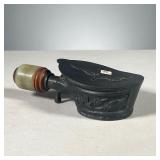 SMALL PAINTED POT WITH LID | A painted heavy metal pot with floral reliefs and a green stone & woode