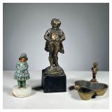 (3PC) BRASS FIGURINES | Includes an ashtray with a small figure of a cheeky boy, a male figurine aft