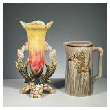 (2PC) MAJOLICA POTTERY | Including a flower vase shaped like a lily with mosaic stone base and flowe