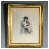 COLOR PRINT OF YOUNG WOMAN WITH LUTE | Early 20th century colored print of a young woman with lute a