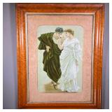 ANTIQUE COUPLE PRINT | Color print of man and woman in togas smelling a rose together, in a wood fra
